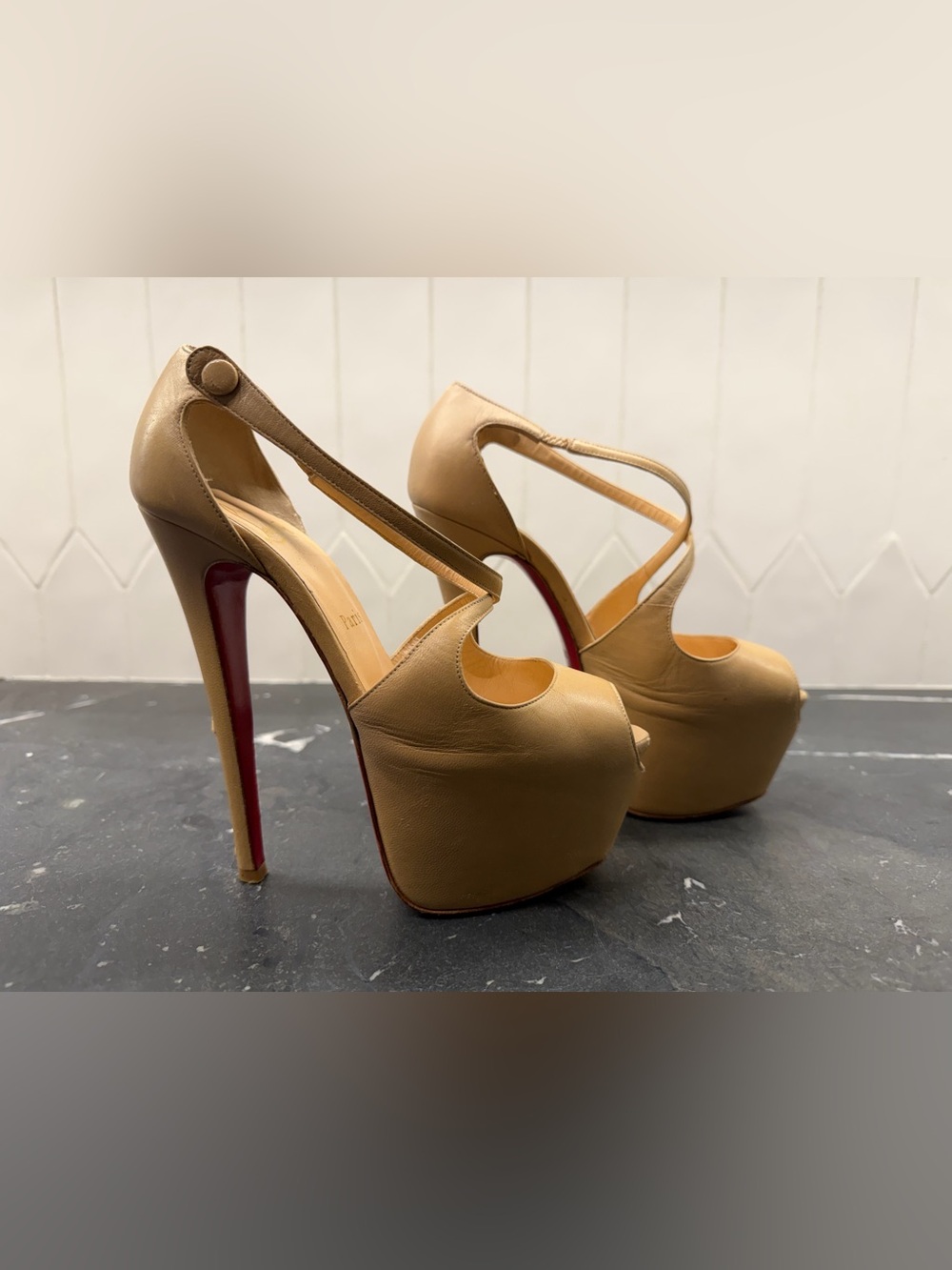 Christian Louboutin Tan Leather Platform Peep-Toe Sandals with Crisscross Straps